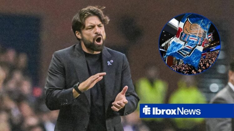 Russell Martin alongside a circle inset of Rangers fans.