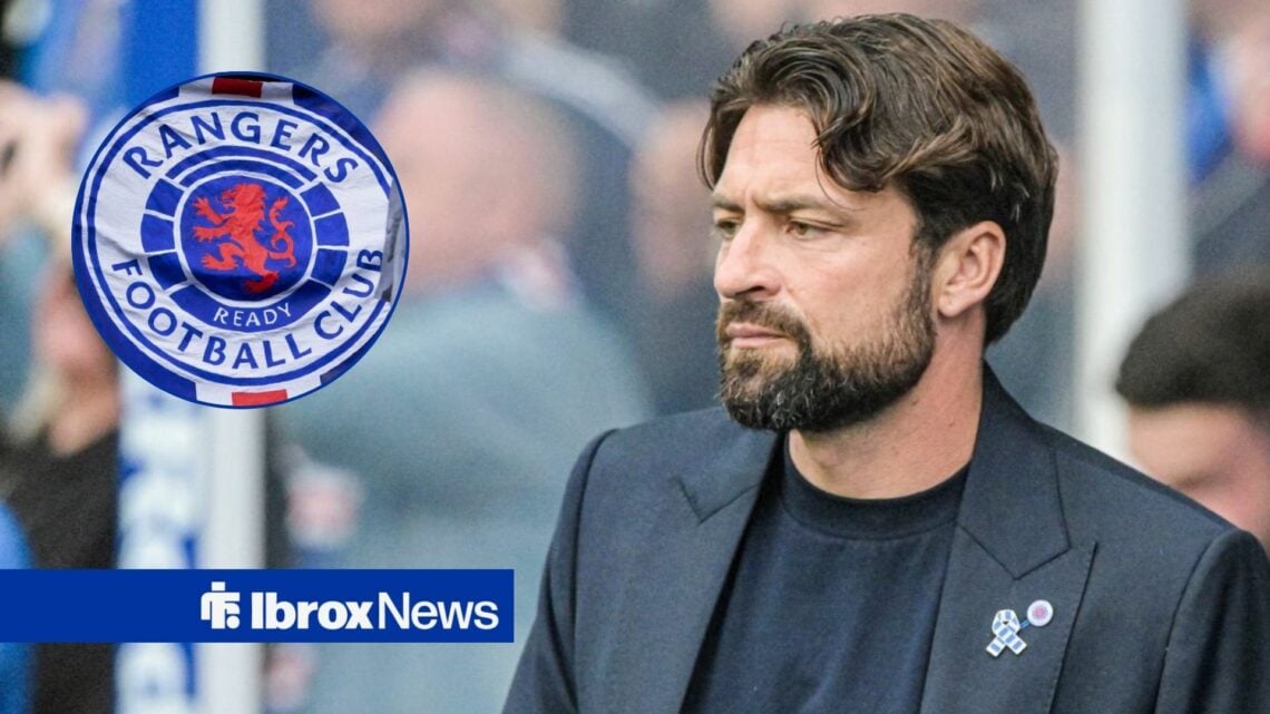 Russell Martin alongside a circle inset of the Rangers badge.