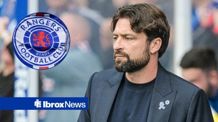Russell Martin alongside a circle inset of the Rangers badge.