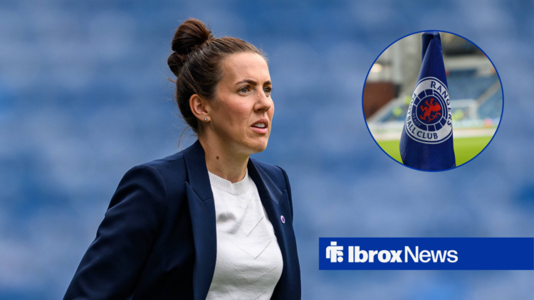 Leanne Crichton looks to her left, with a Rangers flag in a circular frame