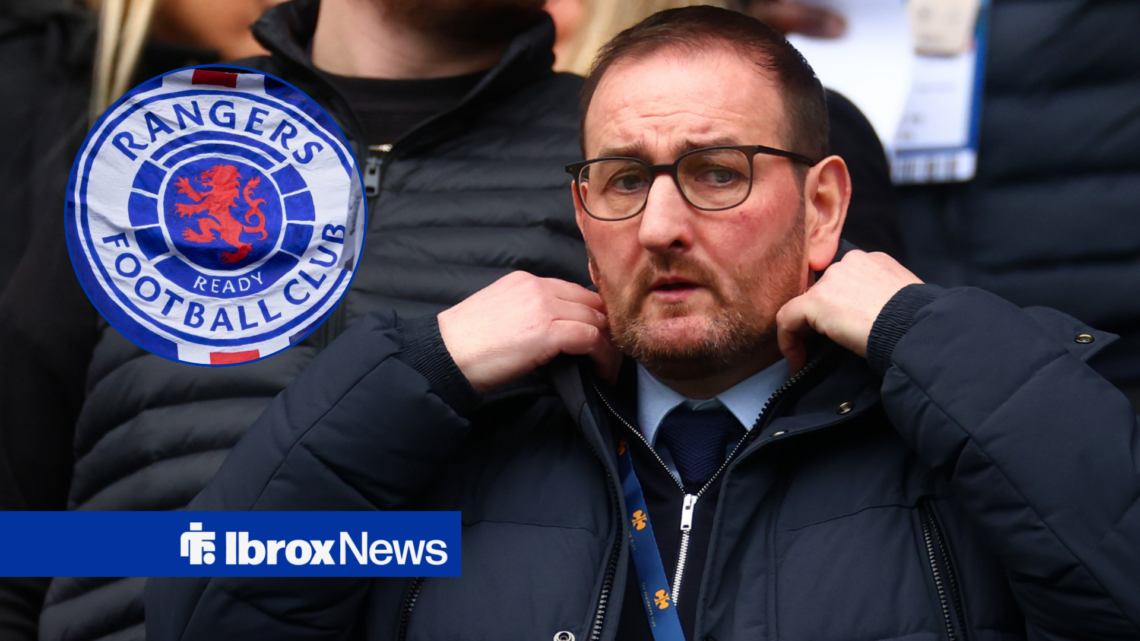 Kevin Thelwell alongside a circle inset of the Rangers badge.