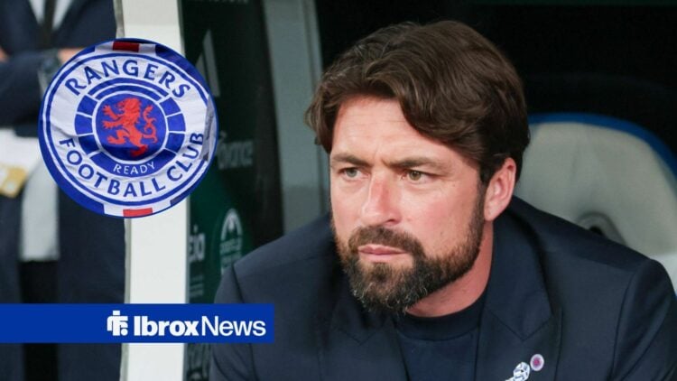 Russell Martin alongside a circle inset of the Rangers badge.