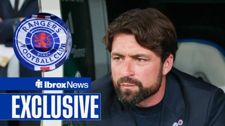 Rangers logo in circular frame, alongside Russell Martin