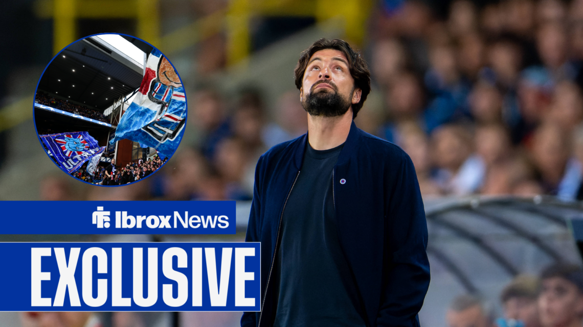 Russell Martin looks to the sky, with Rangers fans in a circular frame