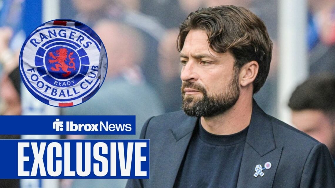 Russell Martin alongside a circle inset of the Rangers badge.