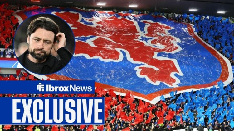 Russell Martin alongside a circle inset of Rangers fans at Ibrox.
