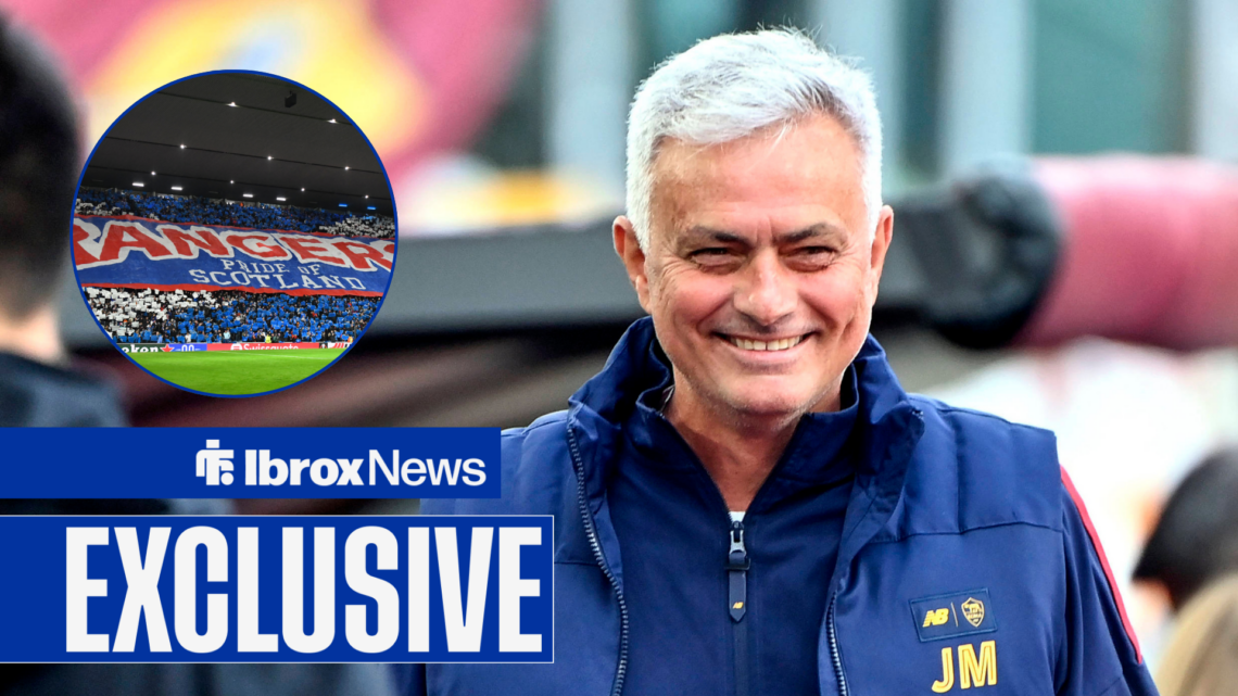 Jose Mourinho smiling with Rangers' stadium Ibrox inset