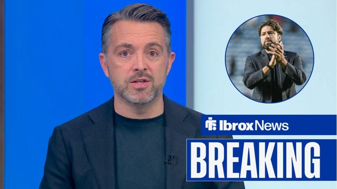 Jules Warren looks shocked on Sky Sports News. To the right of him is Rangers manager Russell Martin clapping in a circle.
