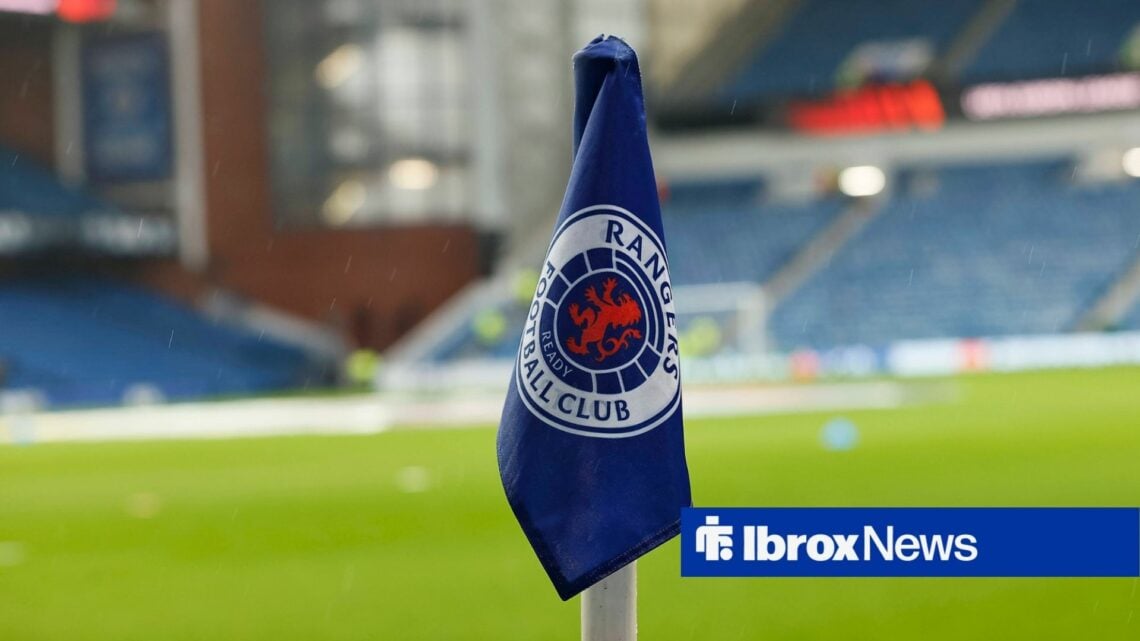 A corner flag with the Rangers badge at Ibrox Stadium.