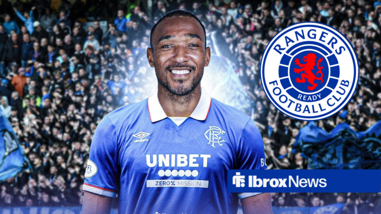 Derek Cornelius in a Rangers kit alongside the Rangers badge