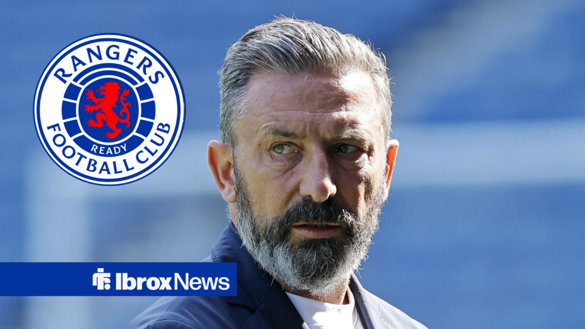 Hearts manager Derek McInnes with the Rangers badge inset