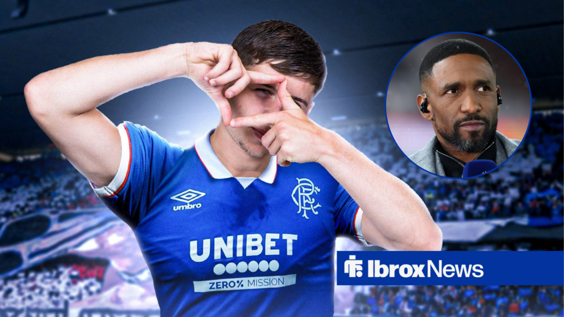 Mikey Moore in Rangers kit with Jermain Defoe inset.