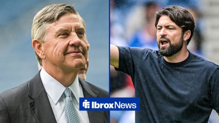 Andrew Cavenagh on the left, smiling and looking to the right, with Russell Martin shouting orders on the right, looking to the left.