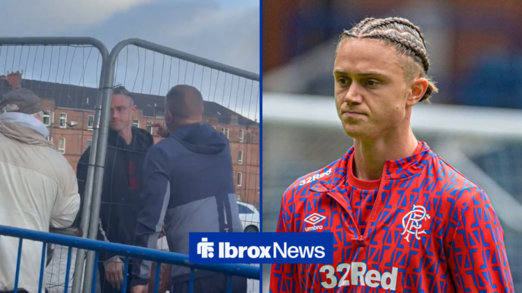 A 50:50 image. On the right is Thelo Aasgaard in red and blue Rangers training gear. On the left is a frame from a video showing Aasgaard being con...