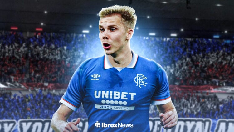 Oliver Antman in a Rangers shirt at Ibrox.