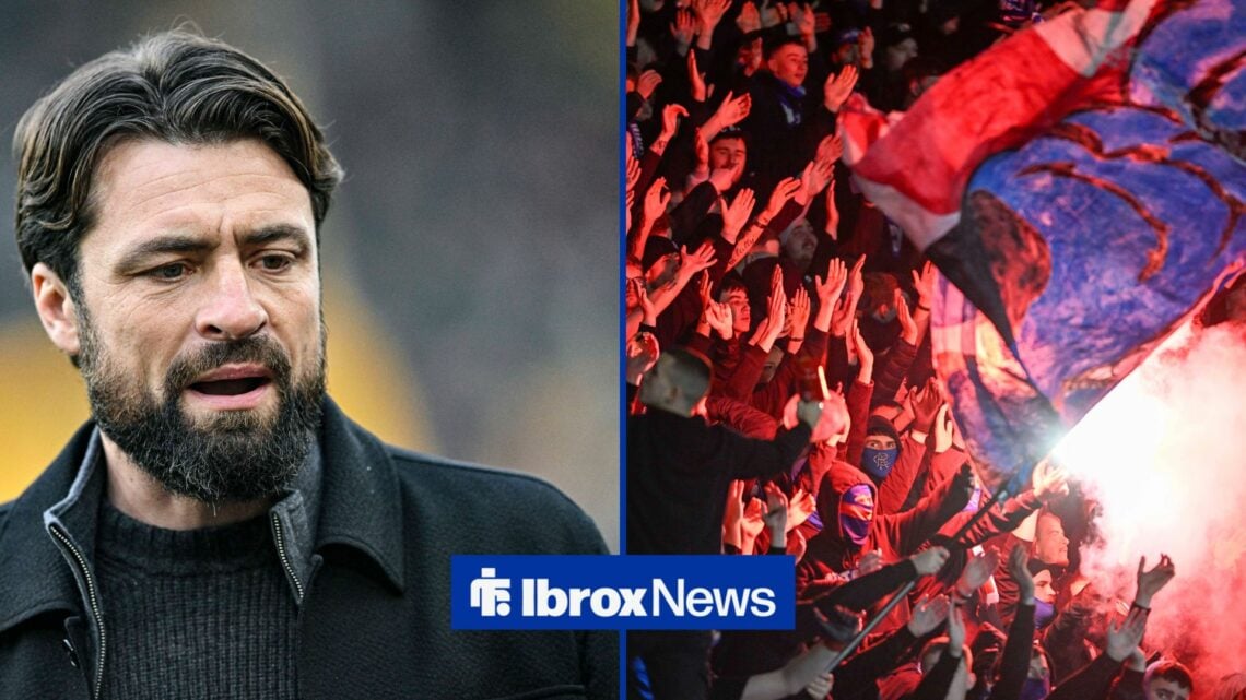 Russell Martin looks confused, with Rangers fans alongside him