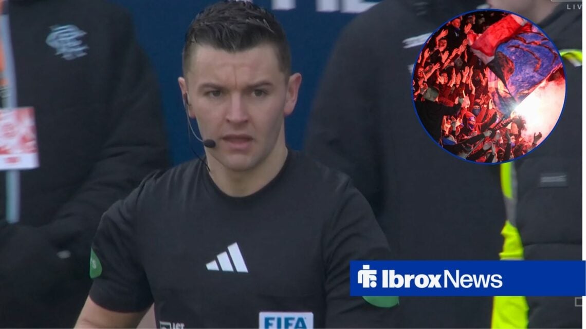 Nick Walsh refereeing with Rangers fans in right circular inset