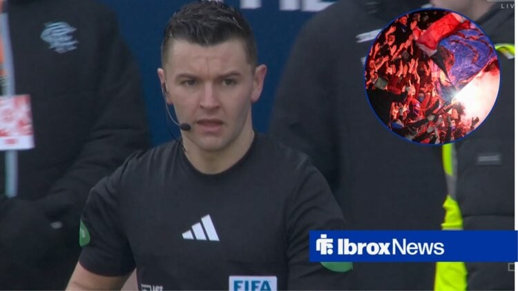 Nick Walsh refereeing with Rangers fans in right circular inset