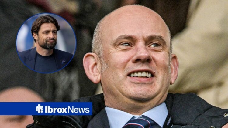 Patrick Stewart in suit and coat smiling with Russell Martin in circular inset