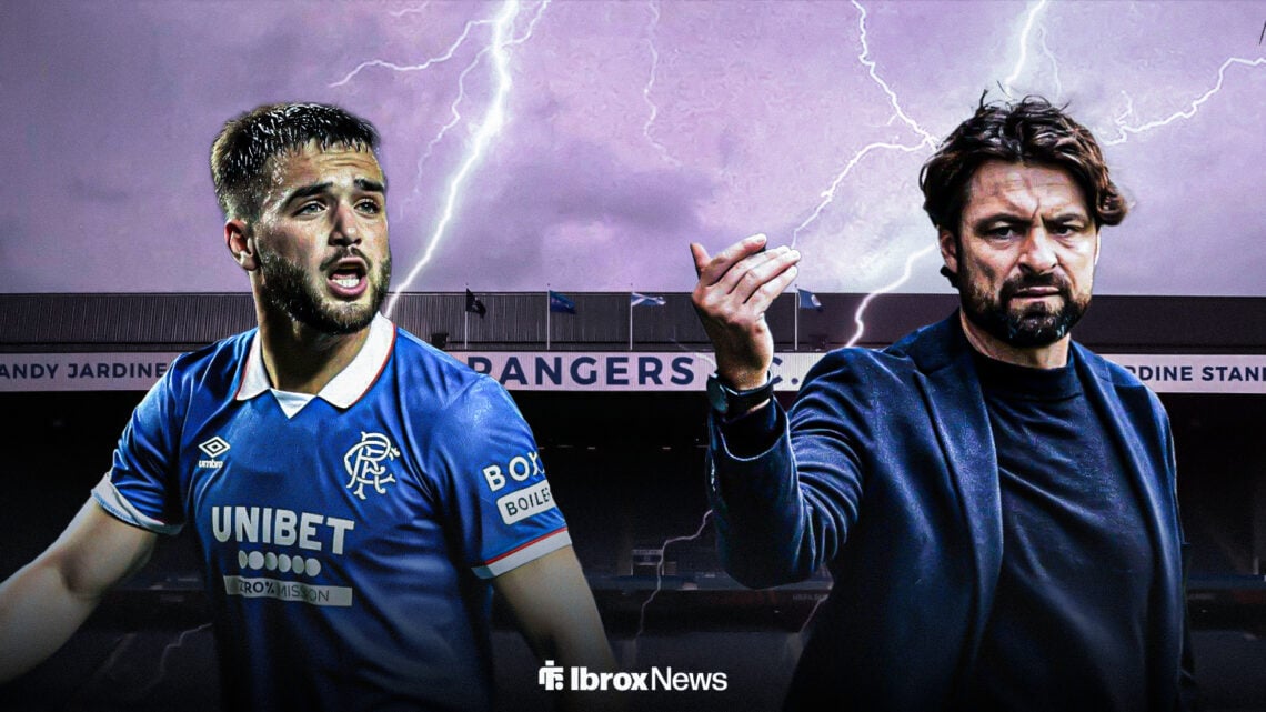 Rangers manager Russell Martin and Nicolas Raskin graphic with lightning