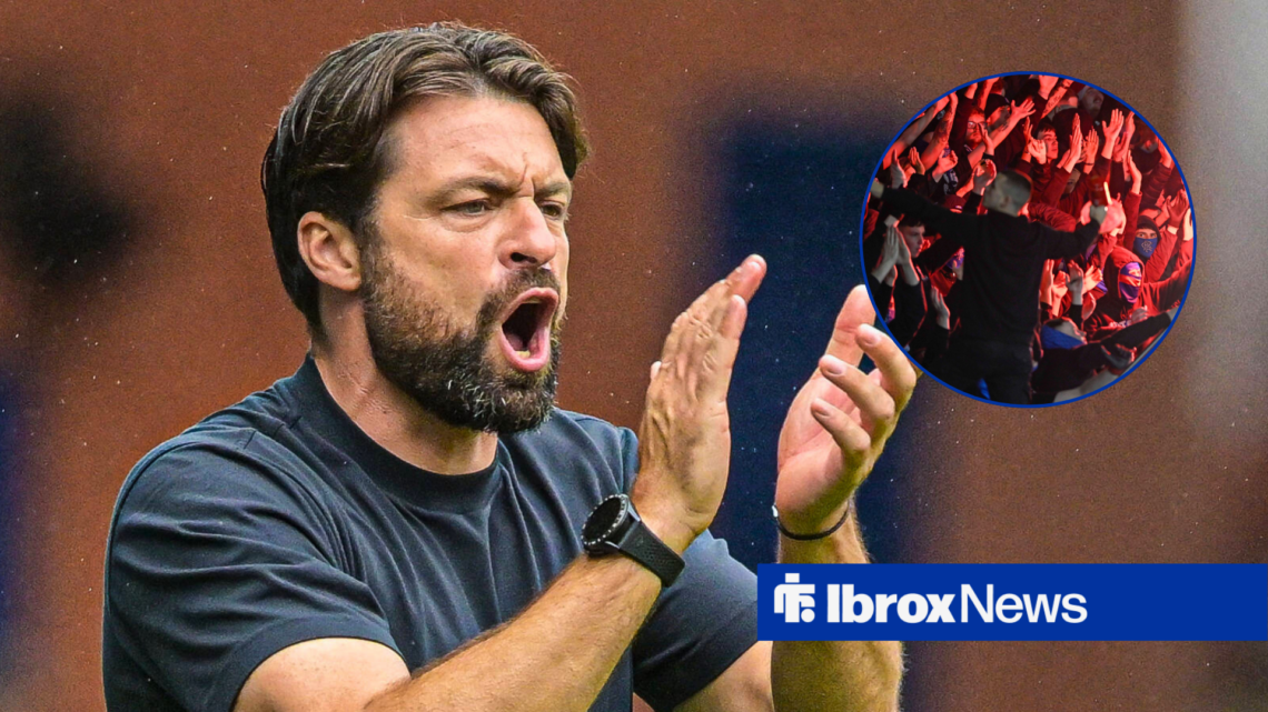 Rangers manager Russell Martin and fans in Ibrox in circular inset