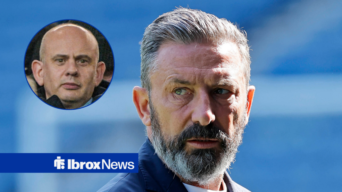 Rangers CEO Patrick Stewart in circular inset and Hearts manager Derek McInnes
