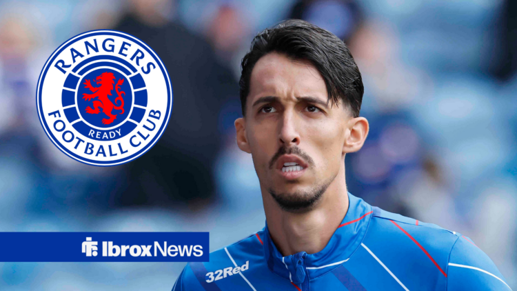 Rangers badge in circular inset and Bojan Miovski