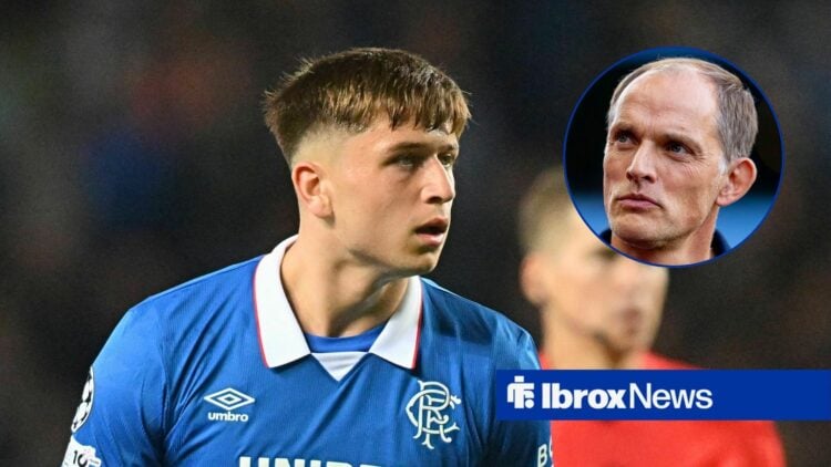Rangers forward Mikey Moore and Thomas Tuchel in circular inset