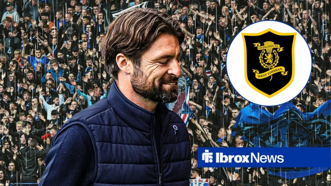Rangers manager Russell Martin stares awkwardly at the floor, as the Livingston badge features in a circular inset on the right of the image.