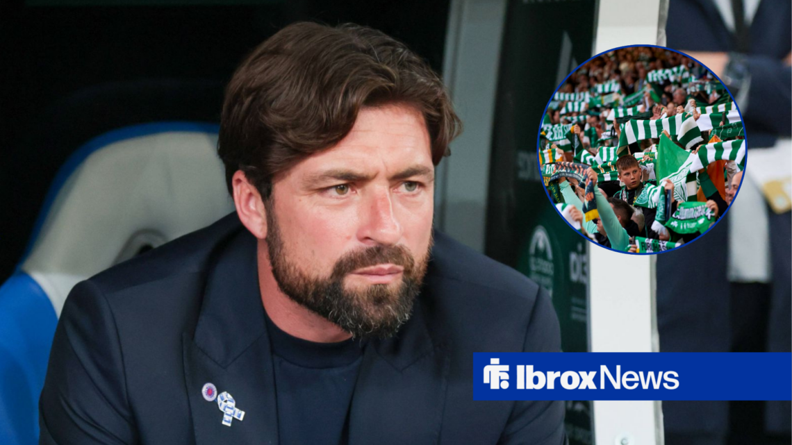 Rangers boss Russell Martin looking upset, Celtic fans in inset.