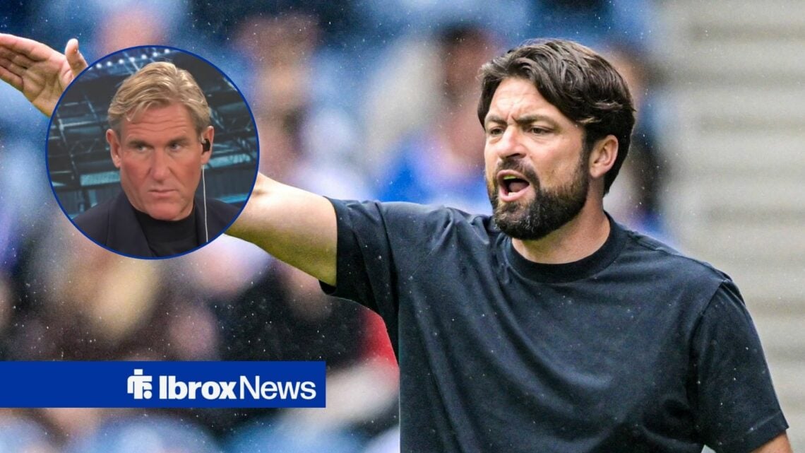 An image of Russell Martin angry on the touchline for Rangers, next to a circular inset of Simon Jordan talking on TalkSPORT