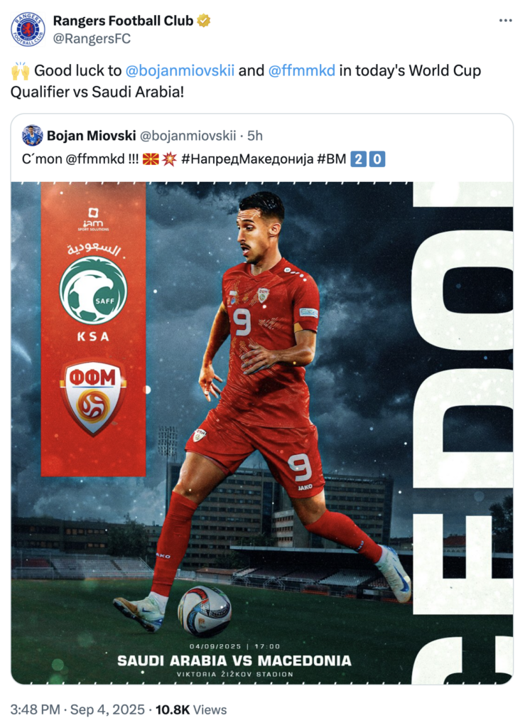 Rangers X post on Bojan Miovski as North Macedonia face Saudi Arabia