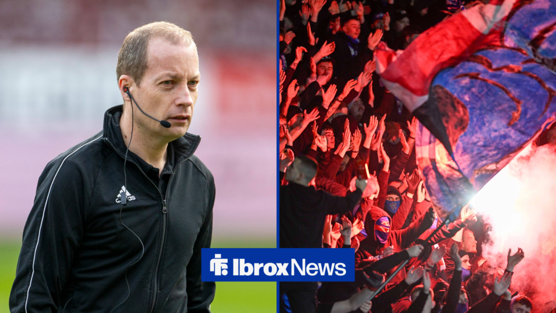Willie Collum in left inset with Rangers fans in right inset