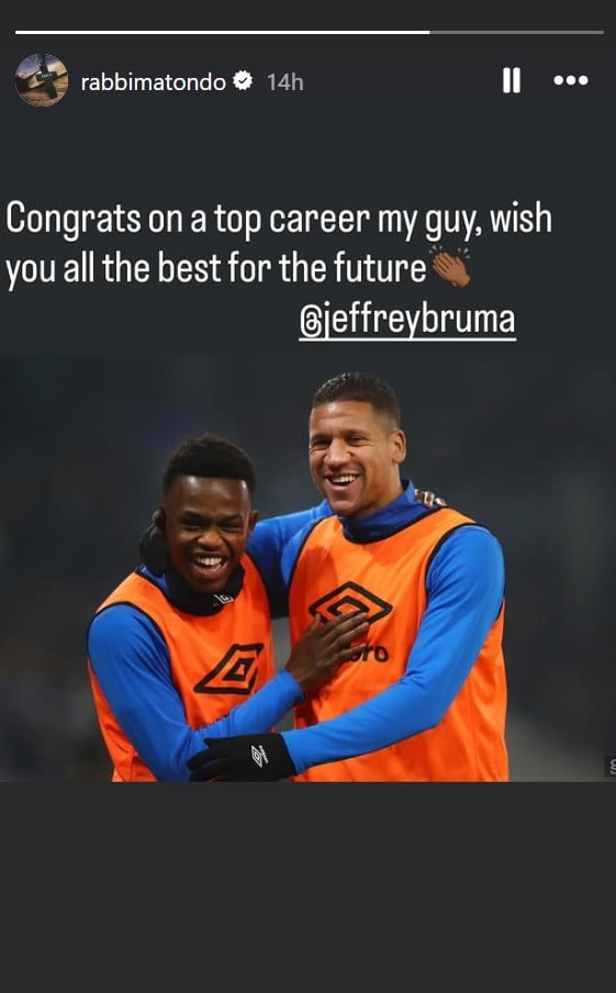 Rabbi Matondo Instagram story wishing Jeffery Bruma a happy retirement with a photo of them both