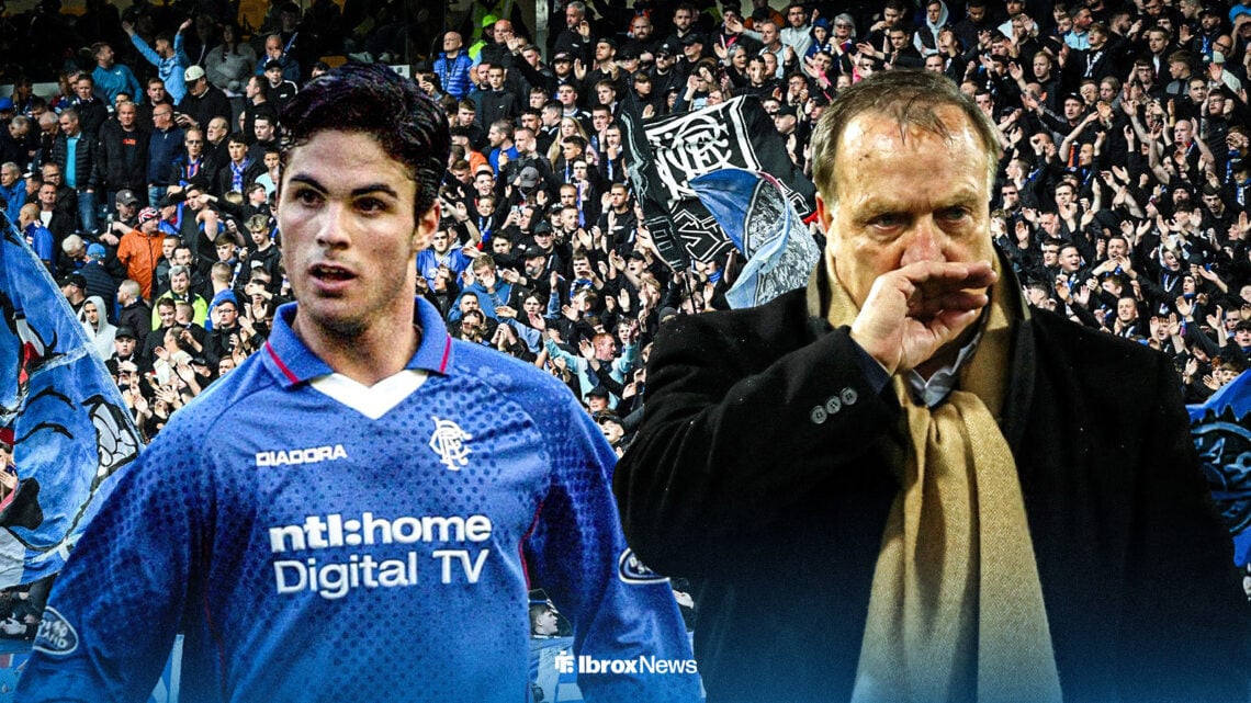 Mikel Arteta and Dick Advocaat stood alongside each other with Ibrox in the background.