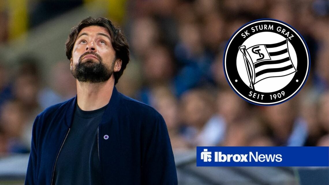 Russell Martin looking sad with Circle Insert of Sturm Graz badge