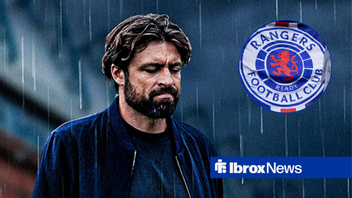 Russell Martin with rain pouring in the background alongside a circle inset of the Rangers badge.