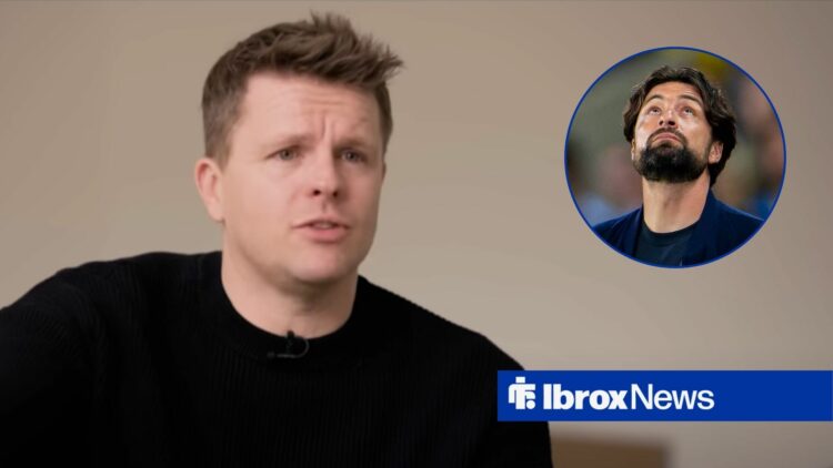 Jake Humphrey speaks during a podcast, with Russell Martin in a circular frame