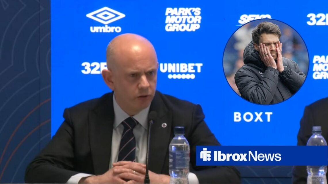 Patrick Stewart speaks at a press conference, with Danny Rohl in a circular frame alongside him