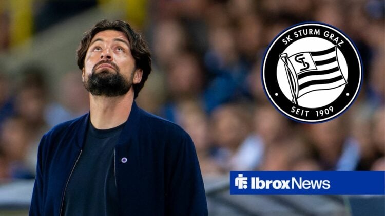 Russell Martin looking sad with Circle Insert of Sturm Graz badge