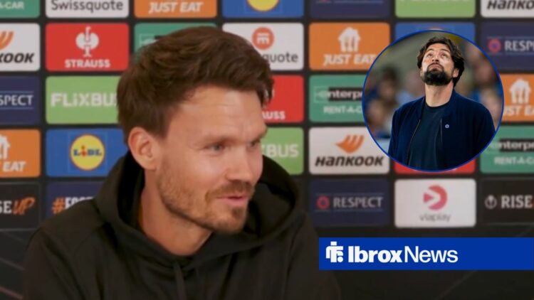 Danny Rohl at a press conference, with Russell Martin in a circular frame inset