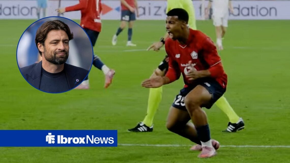 Hamza Igamane celebrating for Lille next to a circle inset of Russell Martin smiling