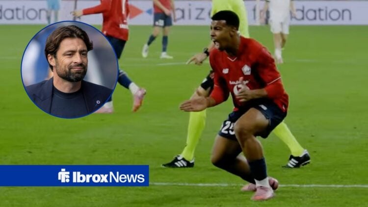 Hamza Igamane celebrating for Lille next to a circle inset of Russell Martin smiling