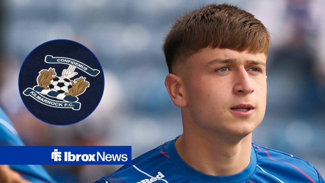 Rangers winger Mikey Moore with Kilmarnock badge inset