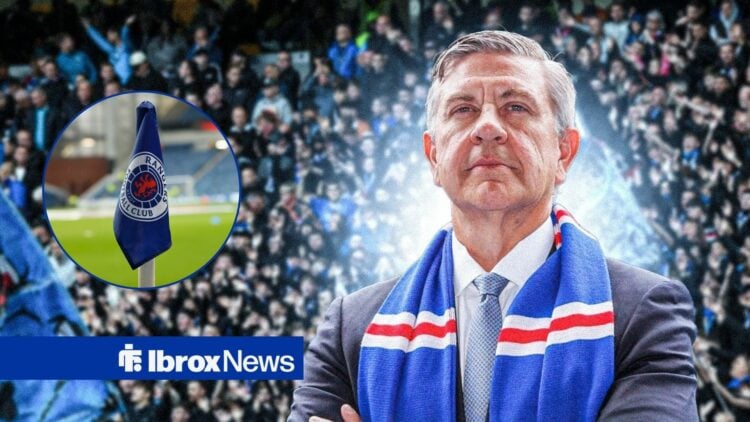Rangers chairman Andrew Cavenagh with Ibrox corner flag inset