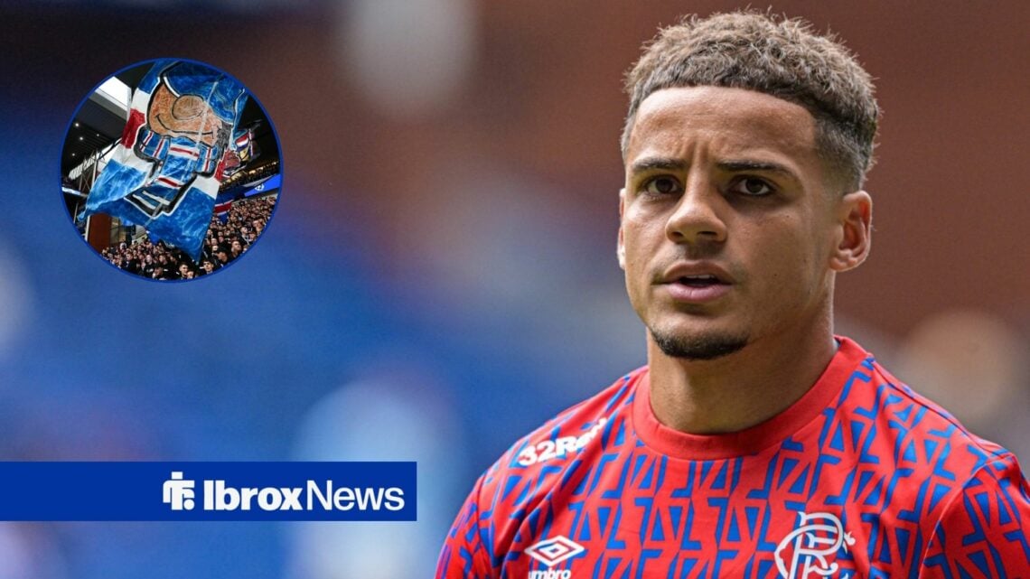 Max Aarons alongside a circle inset of Rangers fans.
