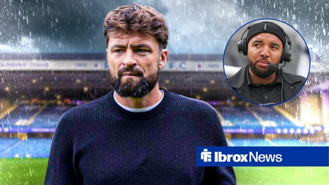 Russell Martin looks sad in front of Ibrox with Troy Deeney in circle inset