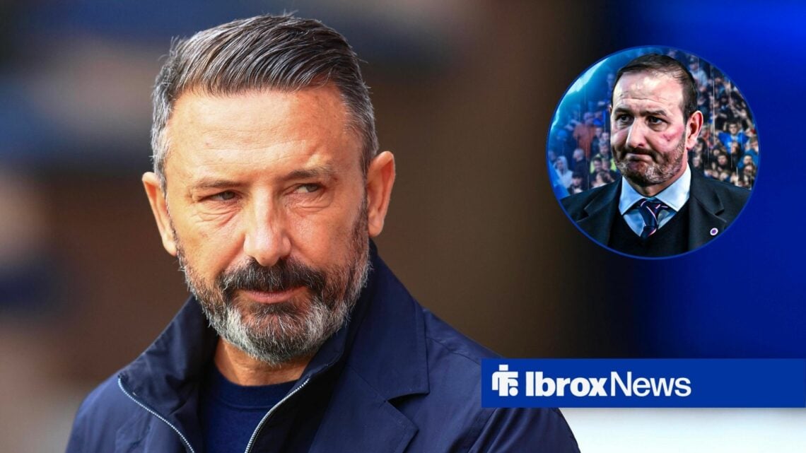 Derek McInnes looking smug towards Kevin Thelwell in a circle inset
