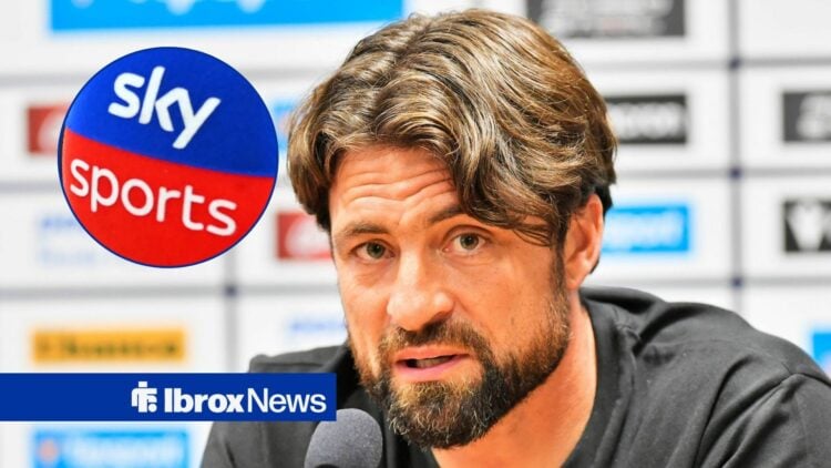 Russell Martin speaks in a press conference with Sky Sports logo in circle inset