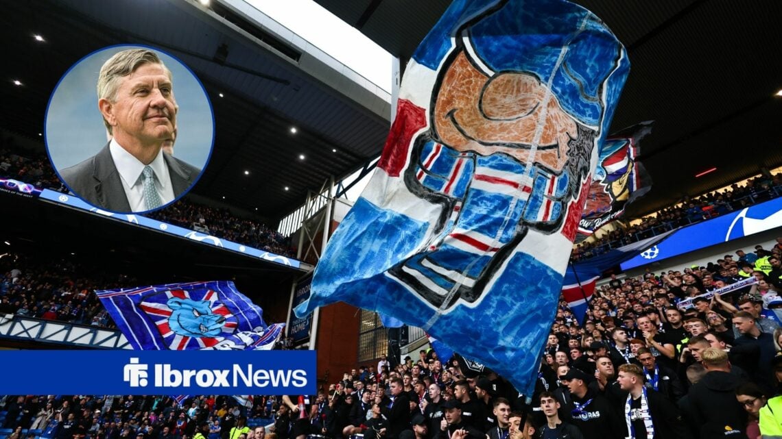 Rangers fans alongside a circle inset of Andrew Cavenagh.